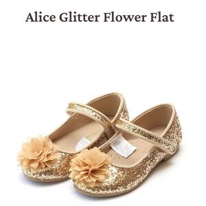 EUC Girls Sparkly Gold Shoes, L’Amour Alice Glitter Flower Flats, Girls Size 4